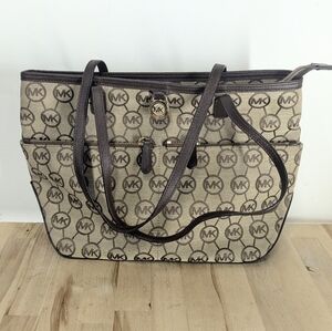 Michael Kors Brown Logo Tote Bag Shoulder Multi Pocket Everyday Canvas Jacquard